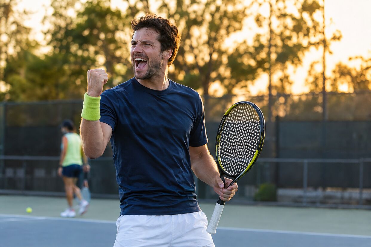 Tennis player celebrating a point with a fist pump