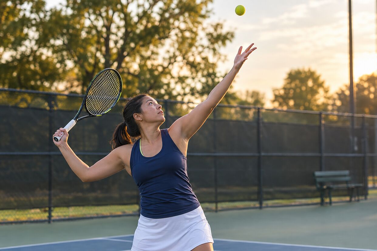 Tennis player serving at golden hour